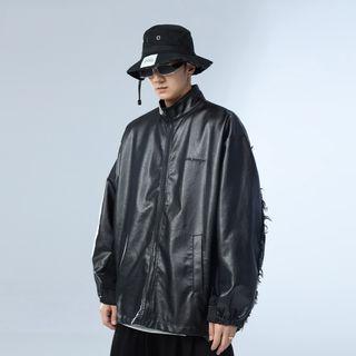 Lettering Faux Leather Panel Denim Jacket