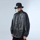 Lettering Faux Leather Panel Denim Jacket