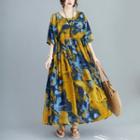 Elbow-sleeve Printed Maxi A-line Dress Multicolor - One Size