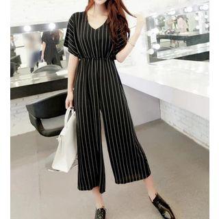 Striped Short-sleeve Wide-leg Jumpsuit