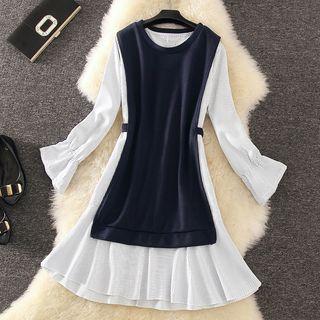 Set: Striped Long-sleeve A-line Dress + Vest