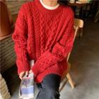 Plain Cable Knit Sweater Red - One Size