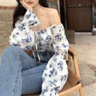 Flower Print Cropped Blouse Floral - Blue & White - One Size