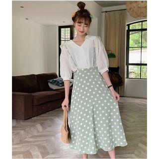 Elbow-sleeve Blouse / Dotted Suspender Midi Skirt