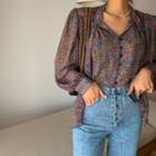 Tie-neck Balloon-sleeve Floral Blouse Black - One Size