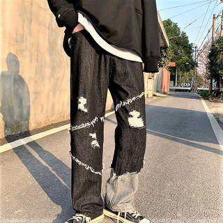 Two-tone Panel Distressed Straight Leg Jeans