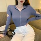 Long-sleeve Plain Cutout Zip Knit Cardigan