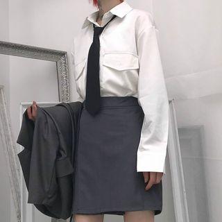 Pocket-detail Shirt / Mini A-line Skirt / Blazer / Tie