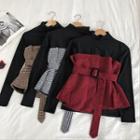 Set: Plain Mock-neck Long-sleeve Top + Plaid Lace-up Tube Top