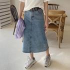 Fray-hem Denim Skirt With Belt