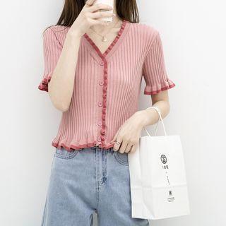 Short-sleeve Ruffle Trim Button-up Knit Top