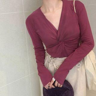 V-neck Twisted Long-sleeve Top Pinkish Purple - One Size