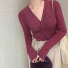 V-neck Twisted Long-sleeve Top Pinkish Purple - One Size
