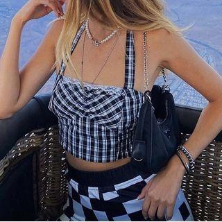 Halter-neck Lace Trim Plaid Cropped Camisole Top