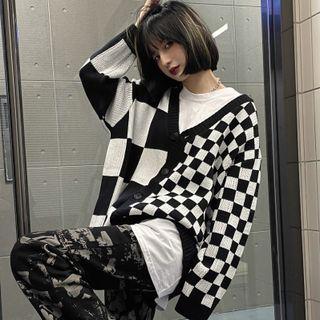 Asymmetrical Check Cardigan Check - Black & White - One Size