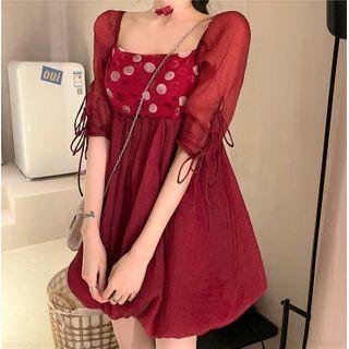 Elbow-sleeve Dotted Lace-up A-line Mini Dress