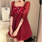 Elbow-sleeve Dotted Lace-up A-line Mini Dress