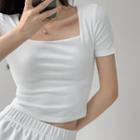 Cropped Square-neck Plain Short-sleeve Top