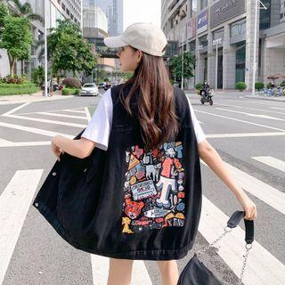 Cartoon Print Single-breasted Denim Vest