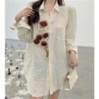 Long-sleeve Frayed Rose-accent Loose-fit Shirt