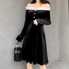 Off-shoulder Long-sleeve A-line Velvet Dress