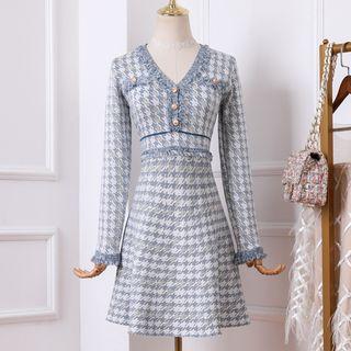 Long-sleeve Houndstooth Knit A-line Dress
