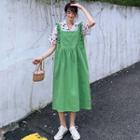 Ruffle Trim Midi Pinafore Dress / Floral Short-sleeve Blouse