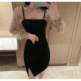 Set: Dotted Mesh Top + Spaghetti Strap Mini Bodycon Dress