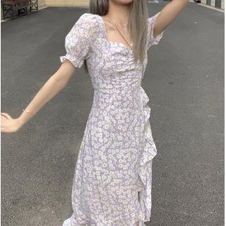Puff-sleeve Floral Printed Asymmetrical Midi Dress