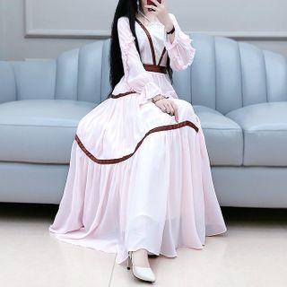 Contrast Trim Long-sleeve Maxi A-line Dress