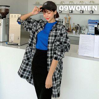 Dual-pocket Boxy Long Plaid Shirt