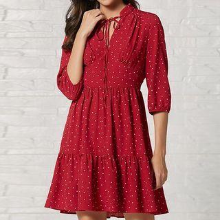 Tie-neck Dotted Mini A-line Dress