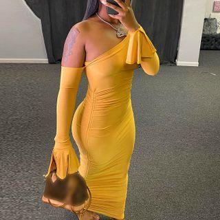 Bell-sleeve Off-shoulder Drawstring Maxi Bodycon Dress