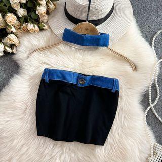 Denim Panel Tube Top With Choker