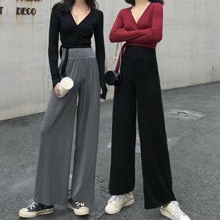 Long-sleeve V-neck Top / Plain Wide-leg Pants