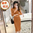 Ribbed Mock Neck Midi Knit Dress With Belt