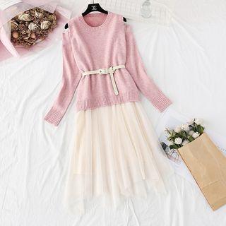Set: Cutout Shoulder Sweater + Sleeveless Mesh Dress
