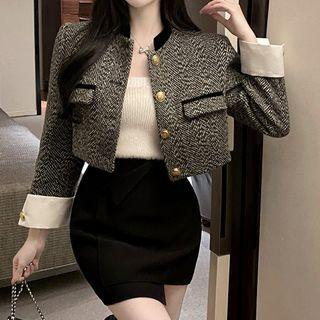 Chevron Stripe Button-up Jacket / Knit Tube Top / Asymmetrical Pencil Skirt