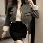Chevron Stripe Button-up Jacket / Knit Tube Top / Asymmetrical Pencil Skirt