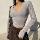 Thumb-hole U-neck Crop T-shirt In 6 Colors