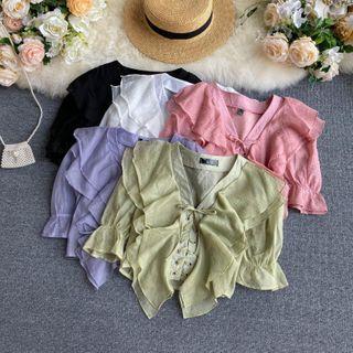 Lace Up Ruffle Short-sleeve Blouse