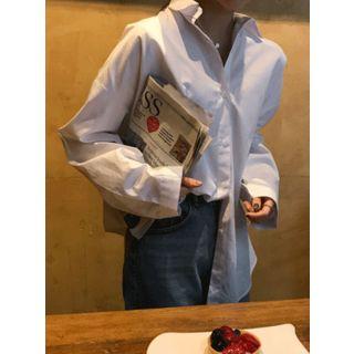Drop-shoulder Plain Loose-fit Shirt
