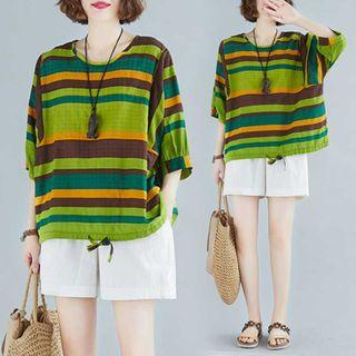 Striped Elbow-sleeve T-shirt Stripes - Green - One Size
