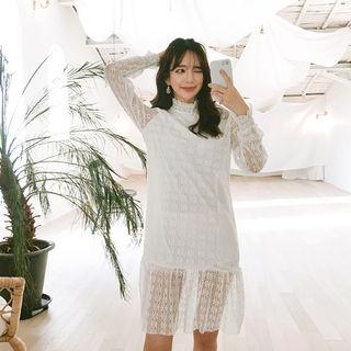 Mock-neck Ruffle-hem Laced Dress