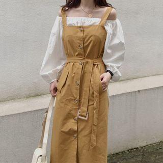 Long-sleeve Off-shoulder Top / Midi Pinafore Dress