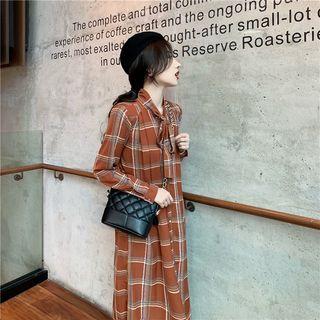 Tie-neck Plaid Long-sleeve Dress Dress - One Size