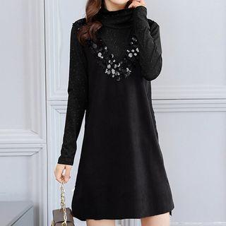Set: Mock Neck Long-sleeve Top + Sequined Sleeveless A-line Dress