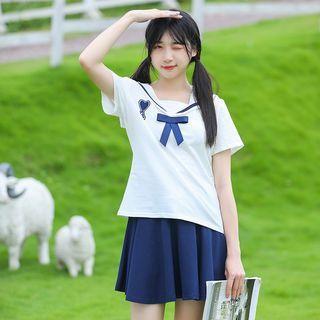 Set: Elbow-sleeve Sailor Collar T-shirt + Mini A-line Skirt