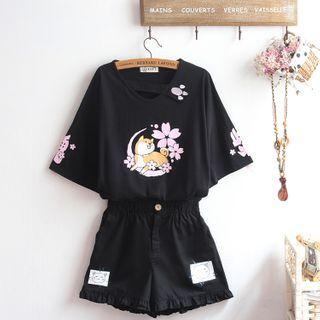 Short-sleeve Dog Print T-shirt / Frill Trim Shorts / Set