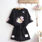 Short-sleeve Dog Print T-shirt / Frill Trim Shorts / Set